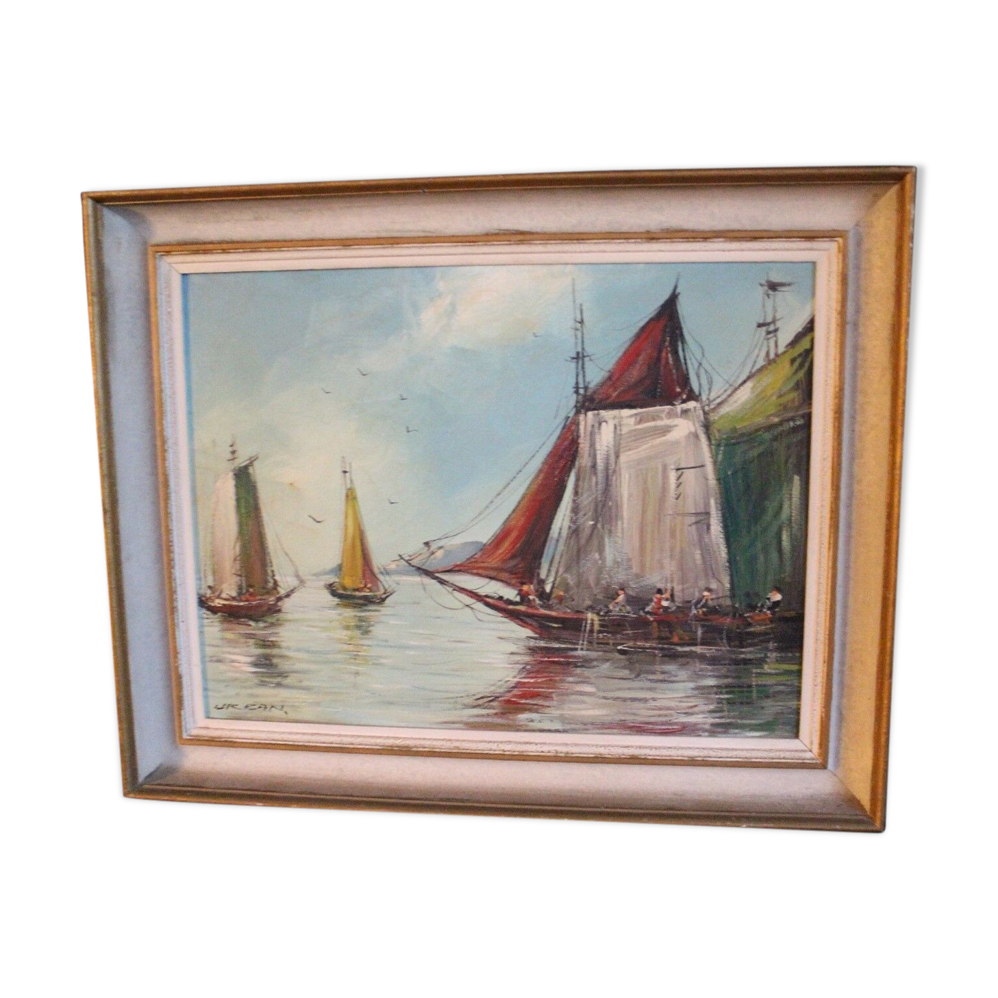 Tableau cadre huile sur toile Marine paysage bateau Méditerranée signé Urban