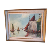 Painting frame oil on canvas Marine landscape boat Mediterranean signed Urban