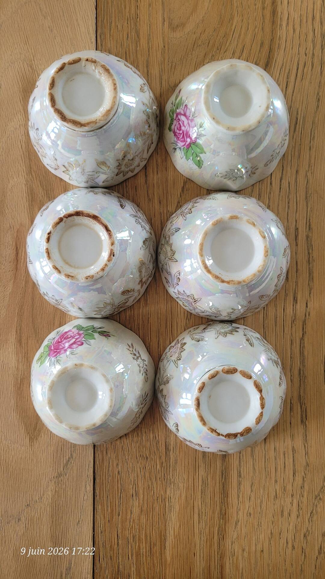 6 antique coffee cups in pearlescent porcelain