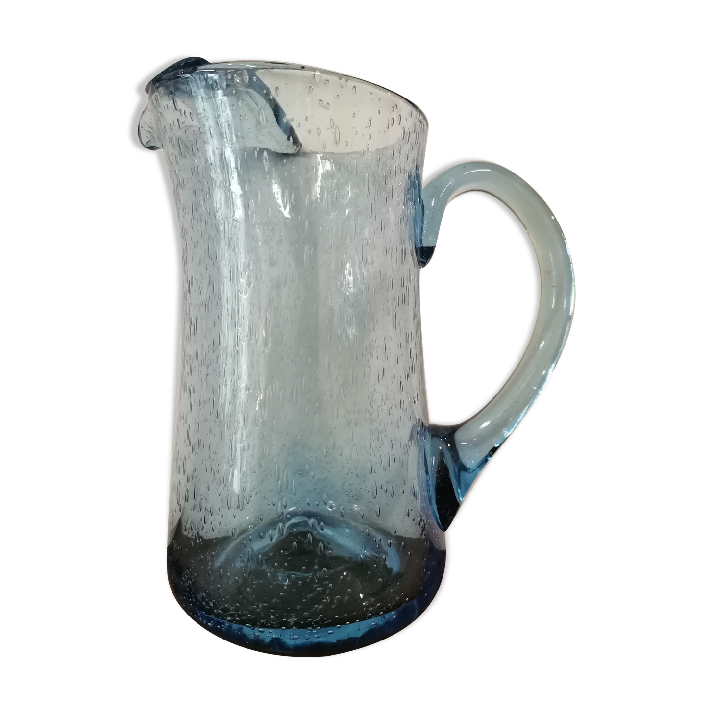 Vintage pitcher in blue bubbled glass Biot unsigned