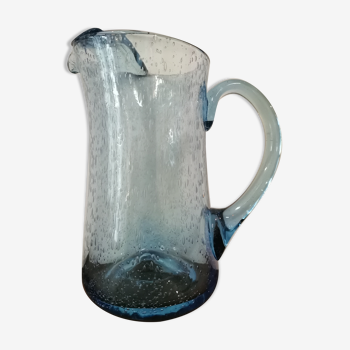 Pichet carafe vintage en verre bullé bleu Biot non signé