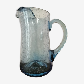 Vintage pitcher in blue bubbled glass Biot unsigned