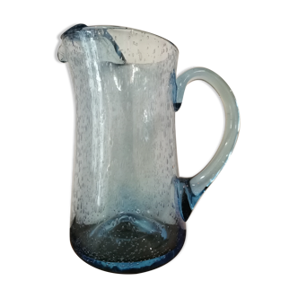 Vintage pitcher in blue bubbled glass Biot unsigned