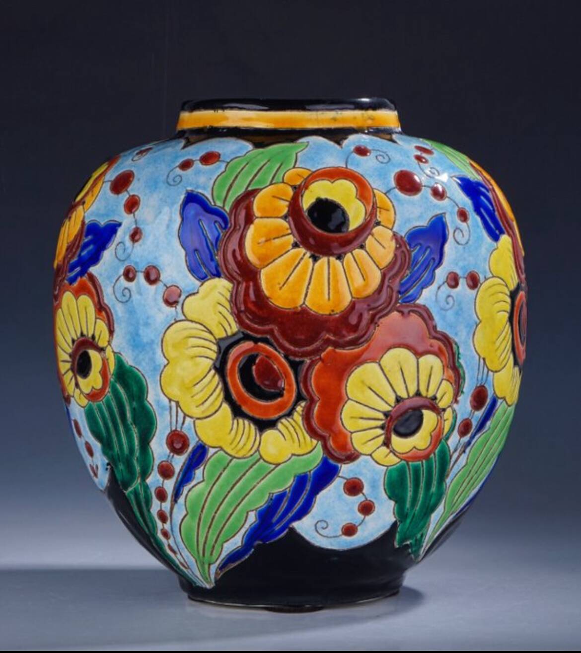 Ovoid vase, charles catteau, keramis, art deco period, fine earthenware, floral enamel decoration, vase col