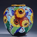 Ovoid vase, charles catteau, keramis, art deco period, fine earthenware, floral enamel decoration, vase col