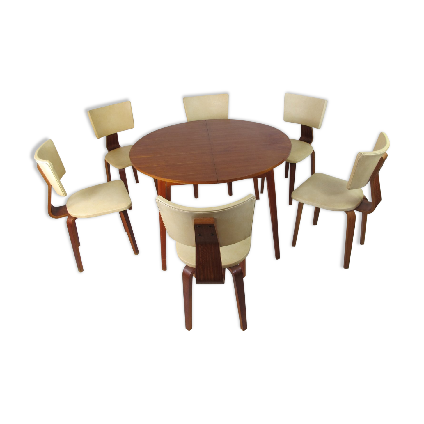 Set of 6 mid-century modernist lounge chairs in plywood - extension table by Cor Alons for Gouda den Boer