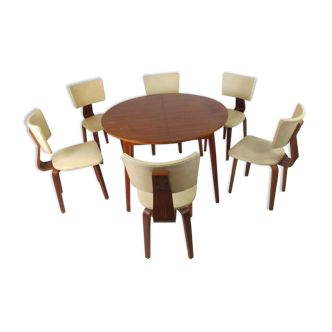 Ensemble de 6 chaises longues modernistes du milieu du siècle en contreplaqué - table à rallonge par Cor Alons pour Gouda den Boer