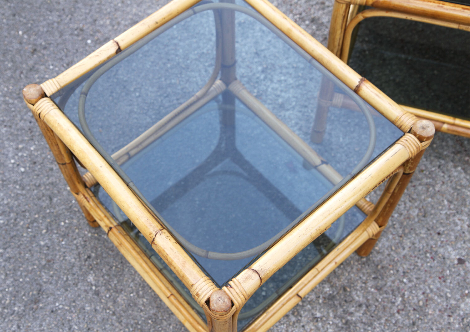 Pair of bamboo and smoked glass vintage bedside tables