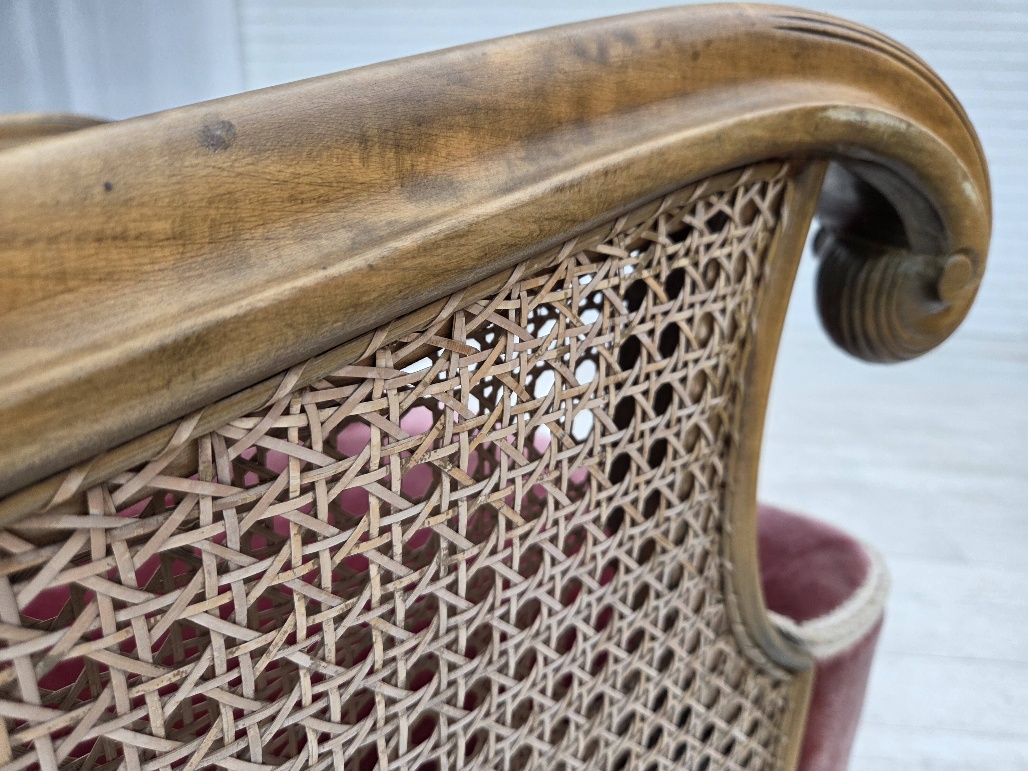 1940s, Danish armchair, woven wool, velour, mesh, carved oak wood.