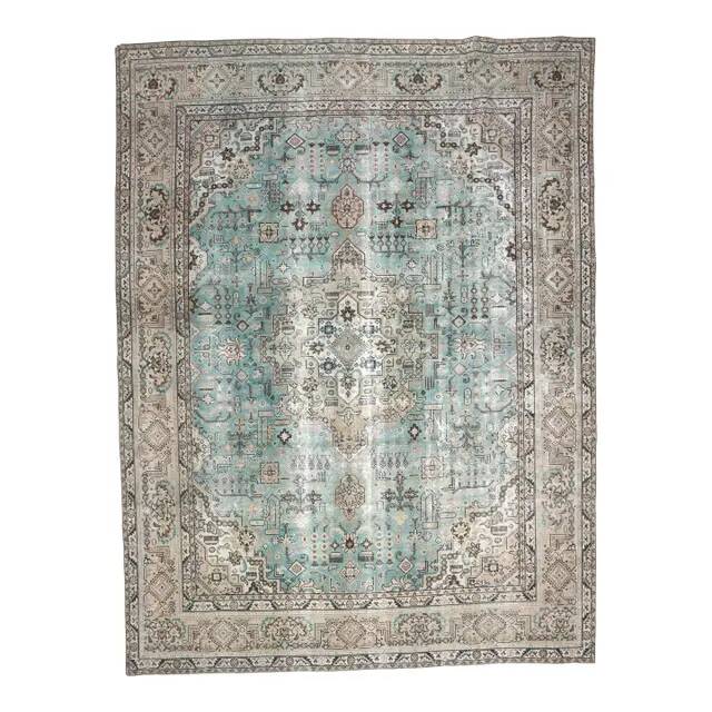 1970s Vintage Persian Handmade Wool Cotton Light Blue Area Rug 285x383