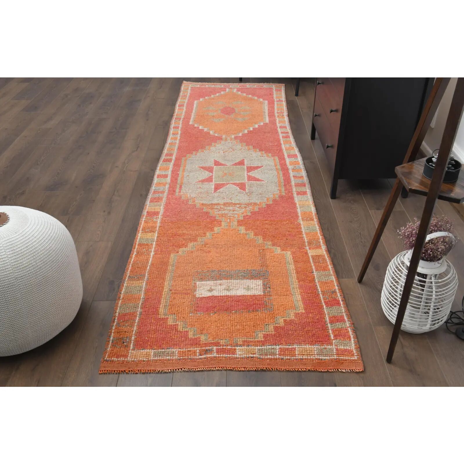 Vintage Turkish hand-knotted wool cotton orange runner rug 96x339