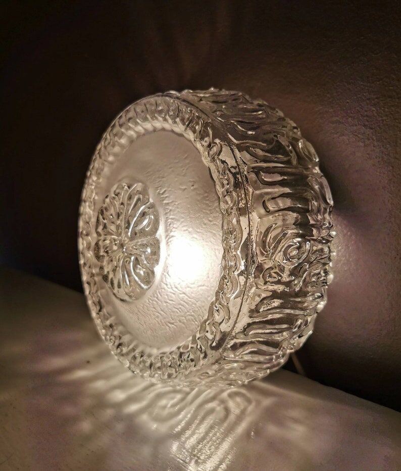 Vintage round glass ceiling lamp, 70s