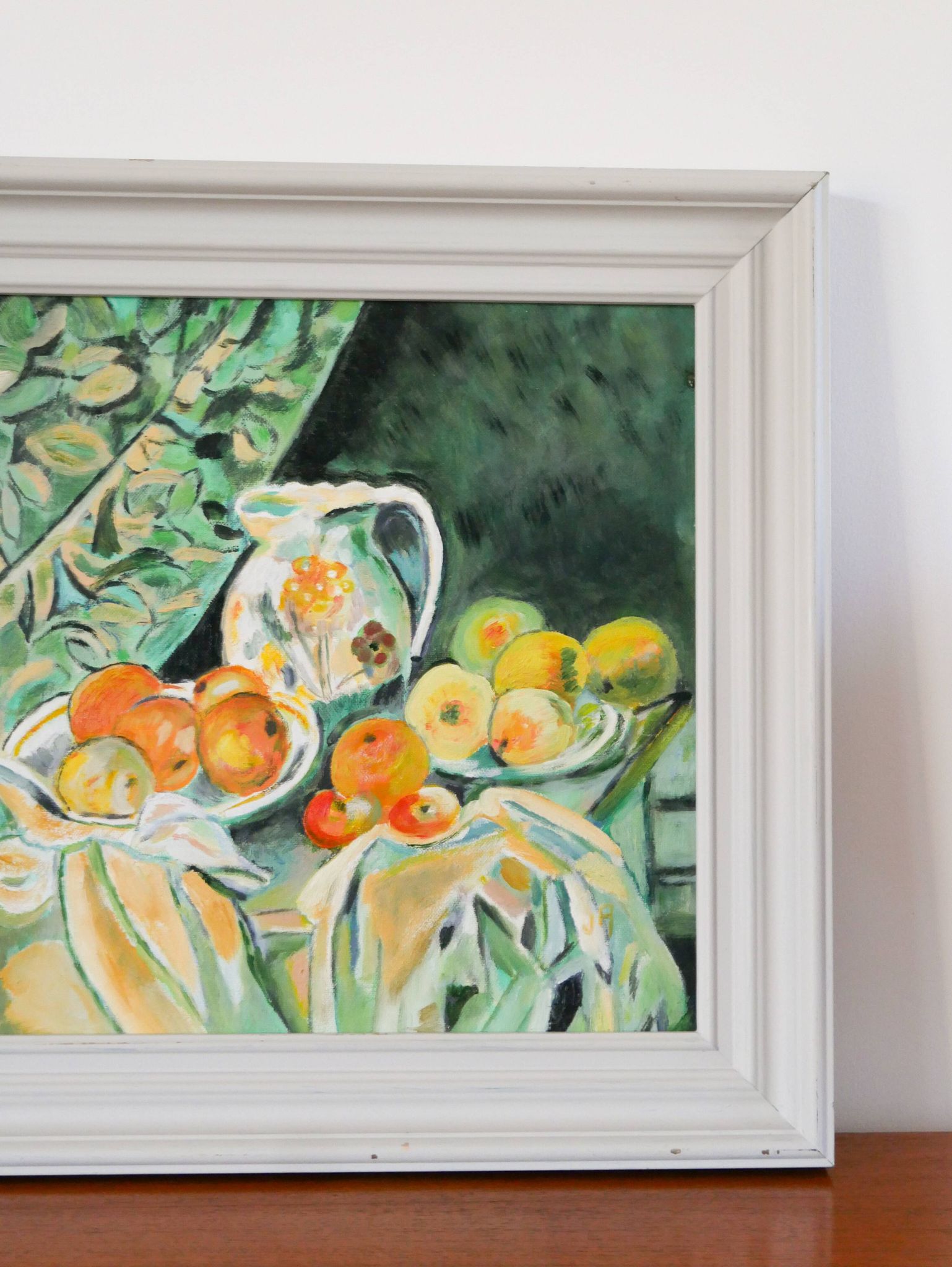 Beautiful painting, oil on cardboard, still life after Cézanne, Orange Green