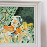 Joli tableau, huile sur carton, nature morte d'après Cézanne, Vert Orange