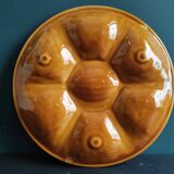 Vintage French amber oyster plate in Majolica decorated with fishes