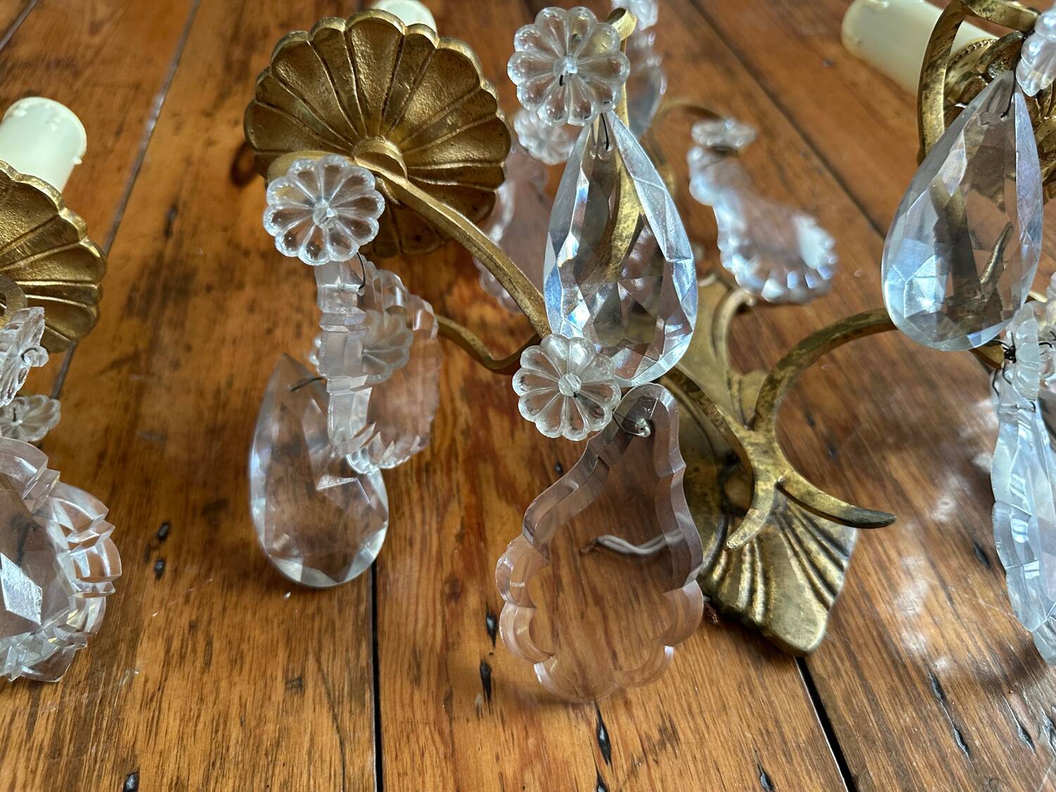 2 vintage bronze wall lights with pendants