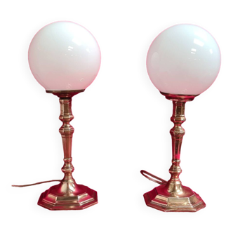 pair of brass bedside lamp exagonal foot sphere white opaline art deco