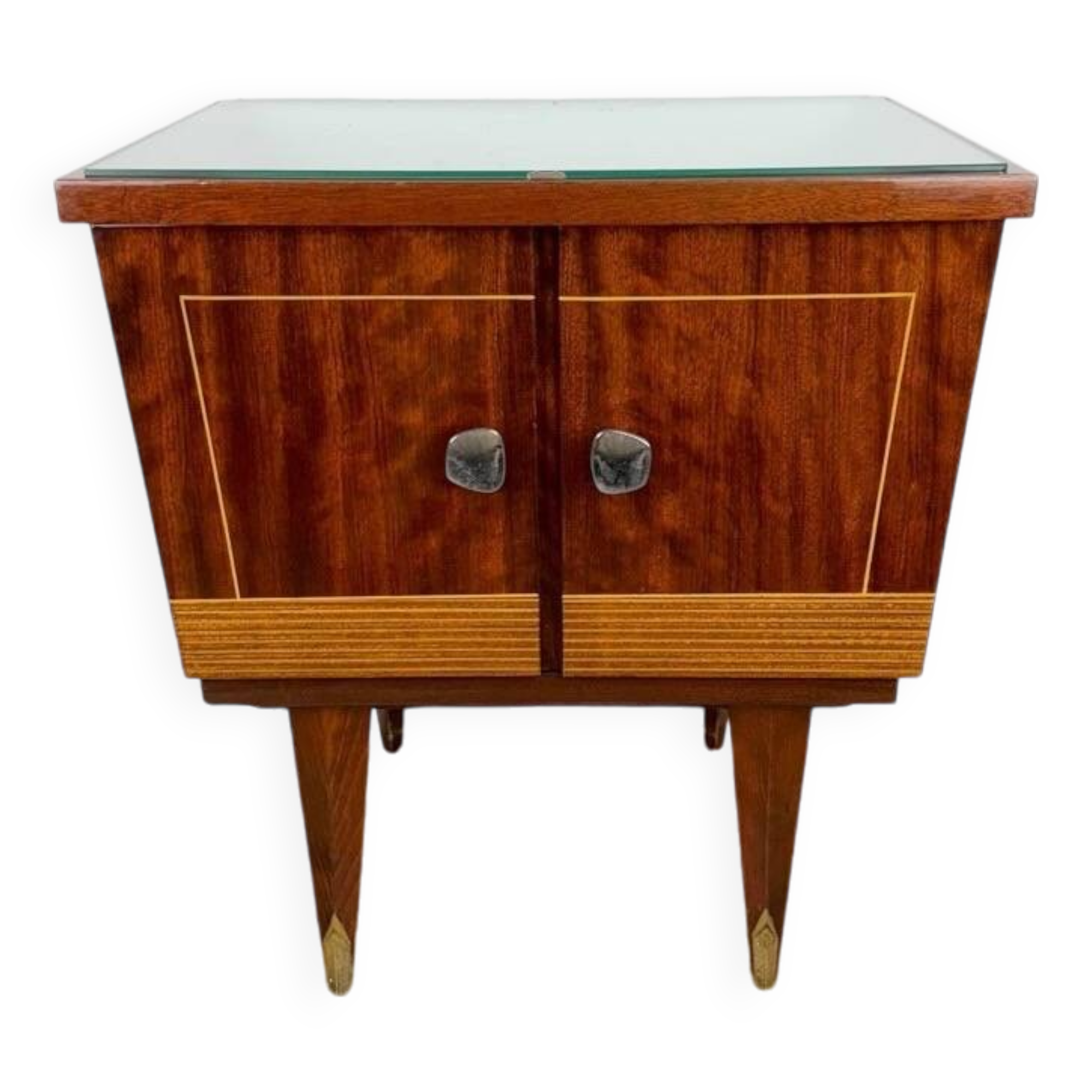 1950s bedside table in varnished wood veneer and brass.