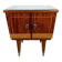 1950s bedside table in varnished wood veneer and brass.