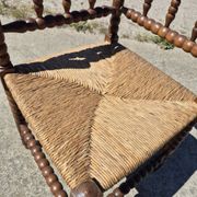 Vintage Dutch rustic corner chair bobbin turned oak with rush seating
