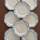 Set of 8 Longchamp France Octagonal Plates - Blue Lotus Flower Pattern