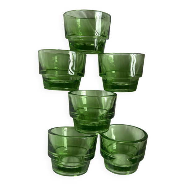 Lot 6 coquetiers lever vintage en verre vert design années 70
