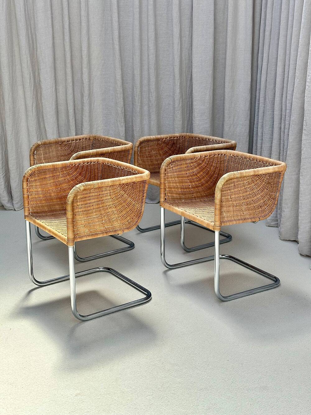 Set of 4 cantilever wicker chairs, attributed to Harvey Probber, USA, 1970s.