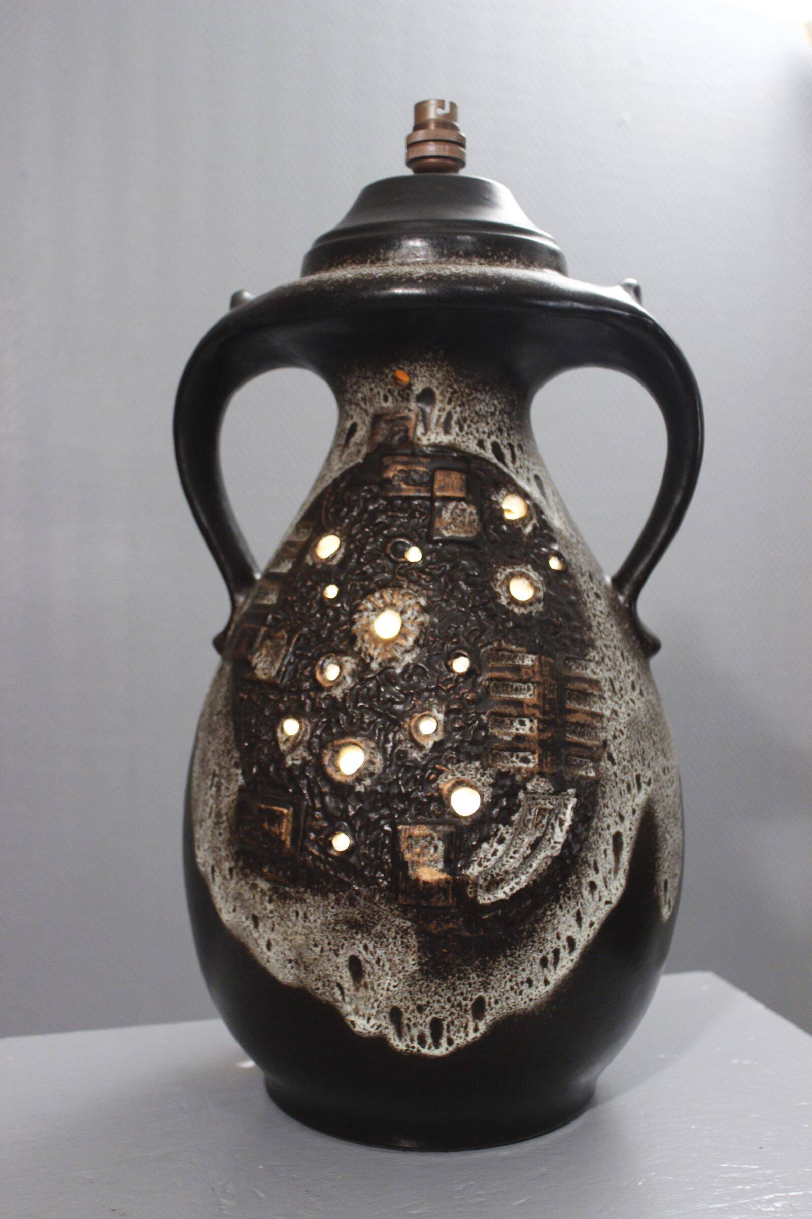Large double lighting lamp base with openwork design, Brutalist 1960s.
