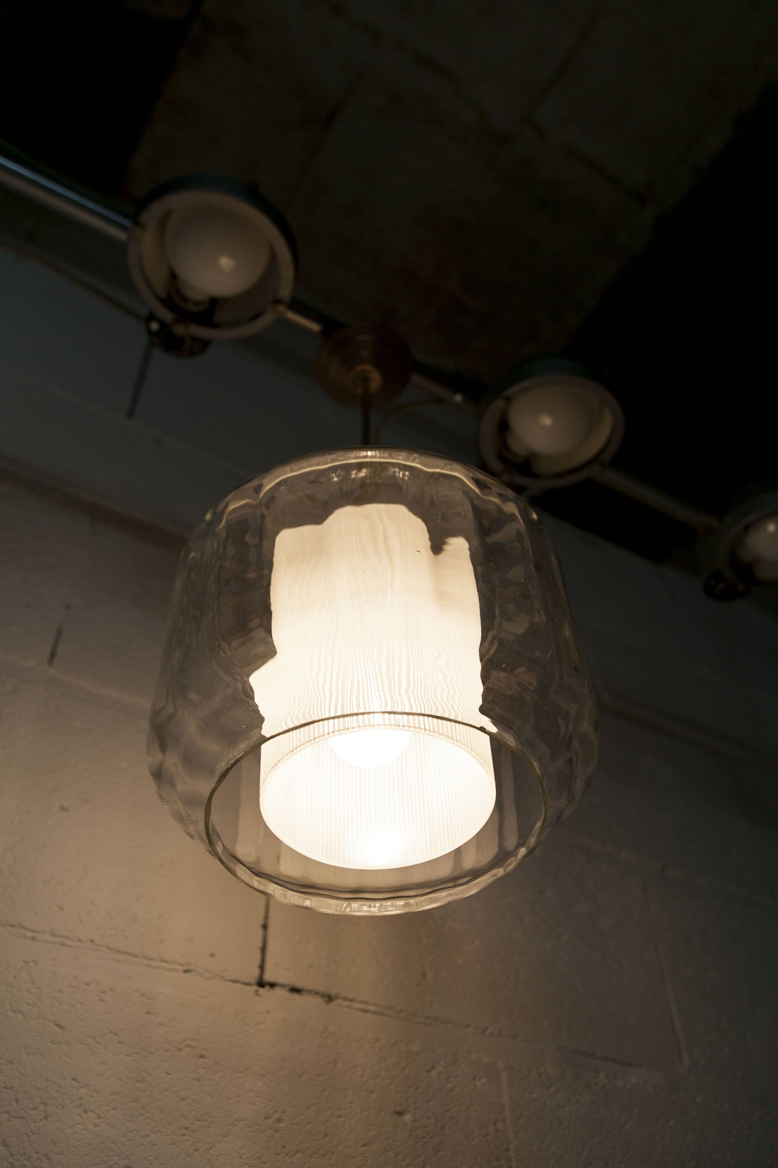 Chandelier 1930 double Opaline blown glass brass and copper