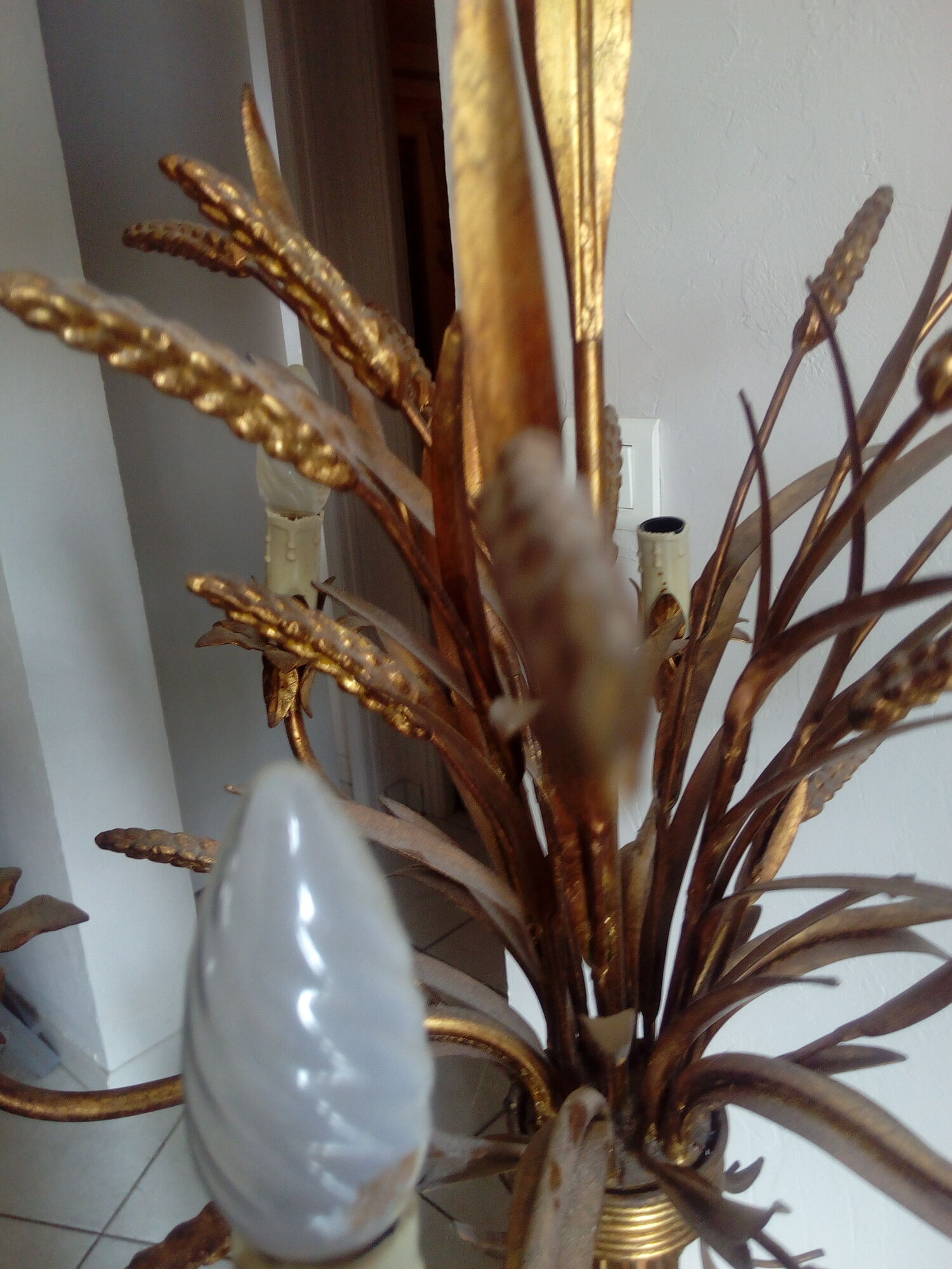 Chandelier ear of wheat years 60/70 6 branches gold metal 103 cm