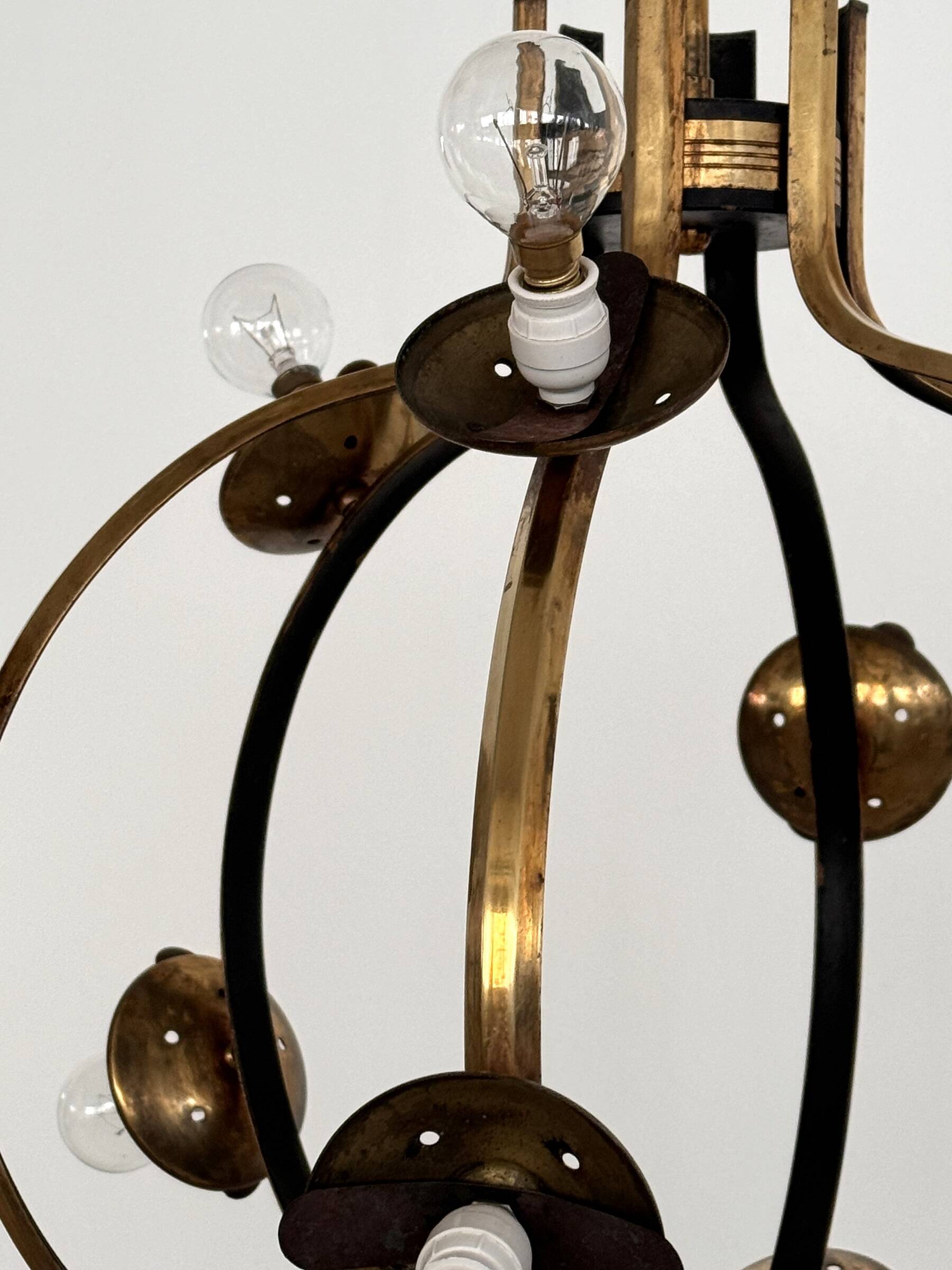 Stilnovo Italian Midcentury Chandelier, Brass & Opaline Glass, 1950s