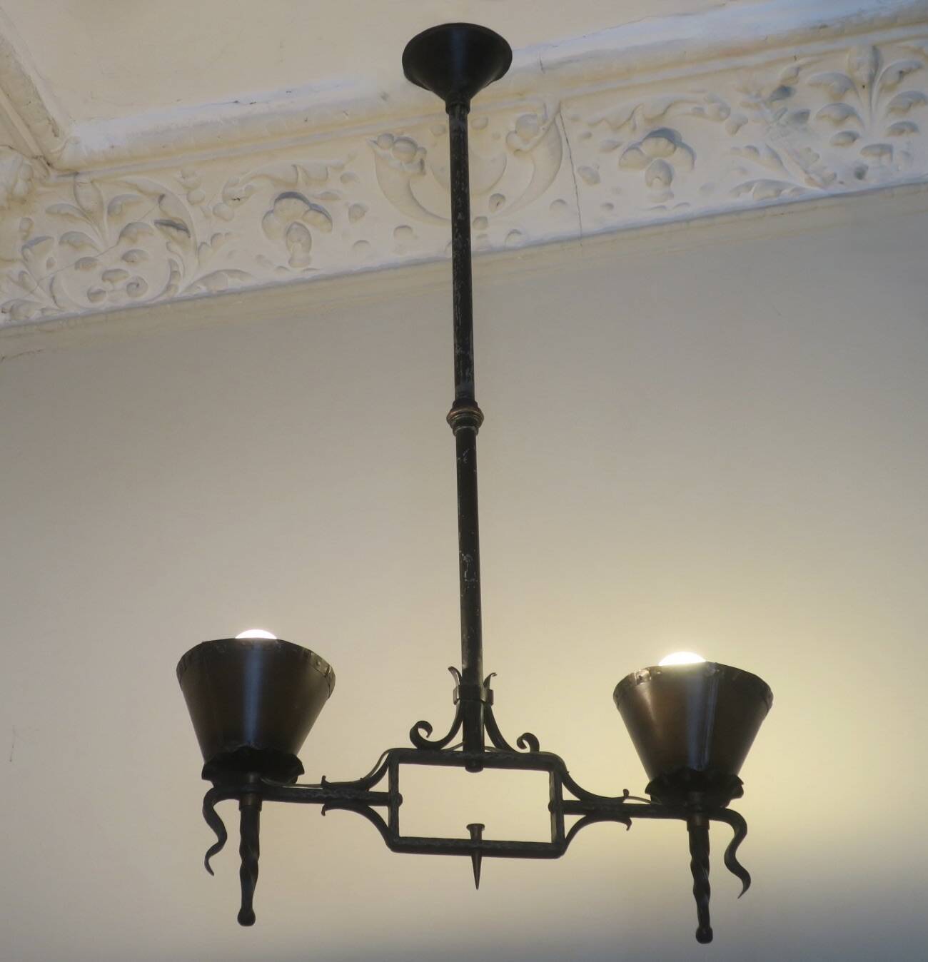 Brutalist wrought iron and copper 2-arm chandelier, 1960s