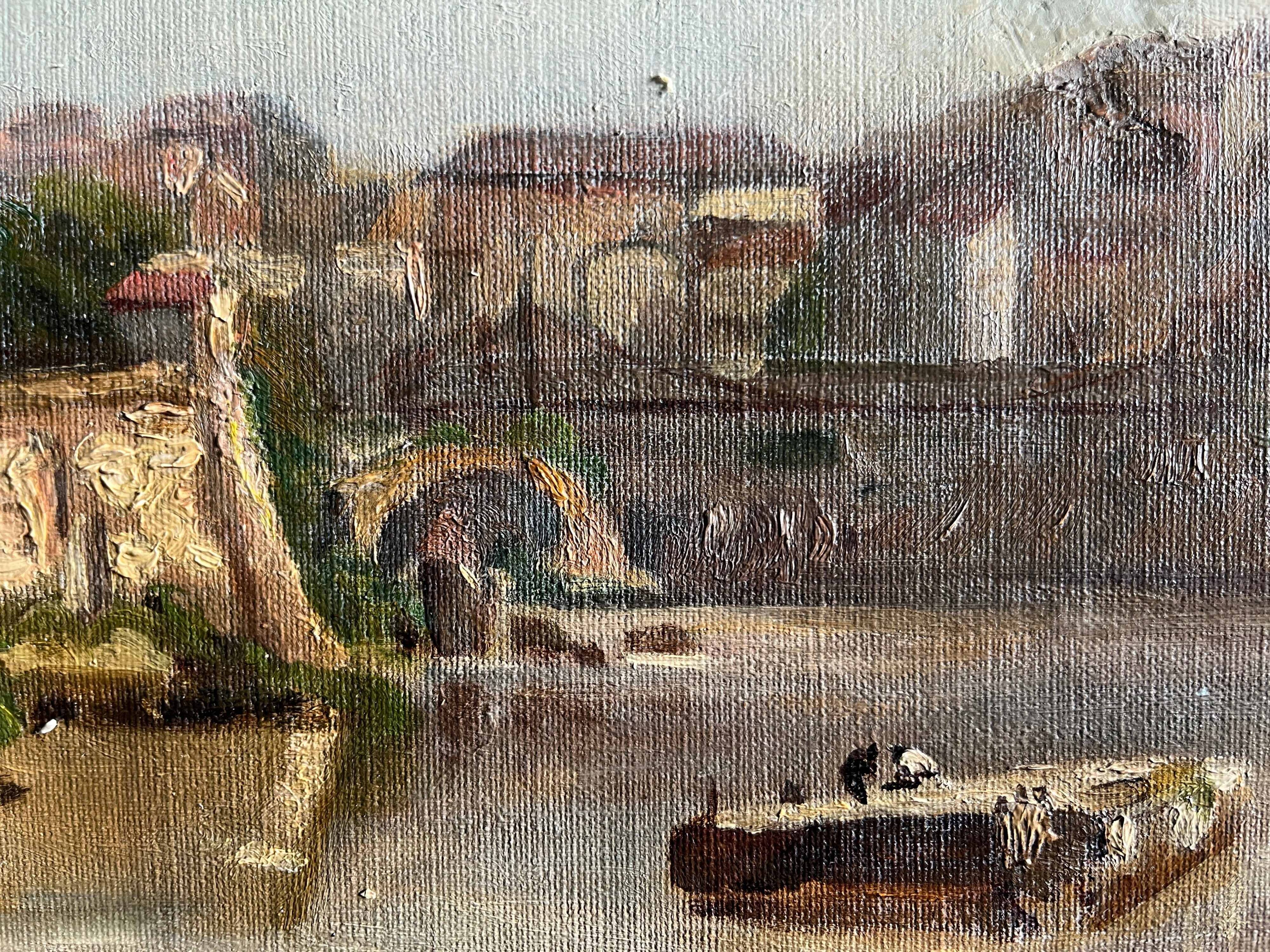 Tableau HST fin XIX° Italie ? Paysage à la rivière signé pour restauration