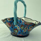 Large earthenware basket, Longwy enamels, turquoise blue cloisonné, twisted handle, stamp