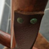 Set of teak and leather tripod stools