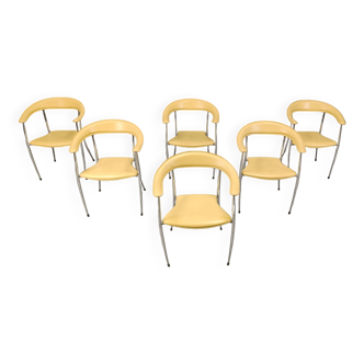Lot de 6 chaises de salle à manger en cuir jaune par Arper Italie, années 1980