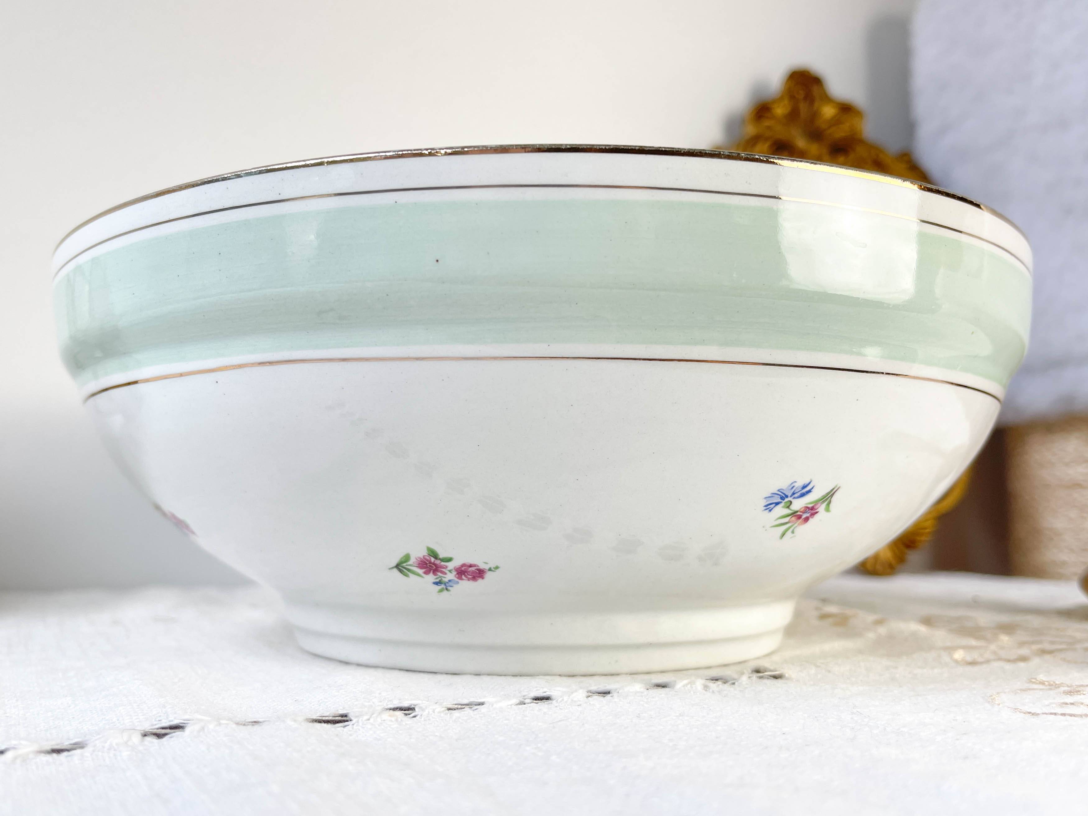 Vintage white and green floral porcelain salad bowl SALINS 66 from the 1950s