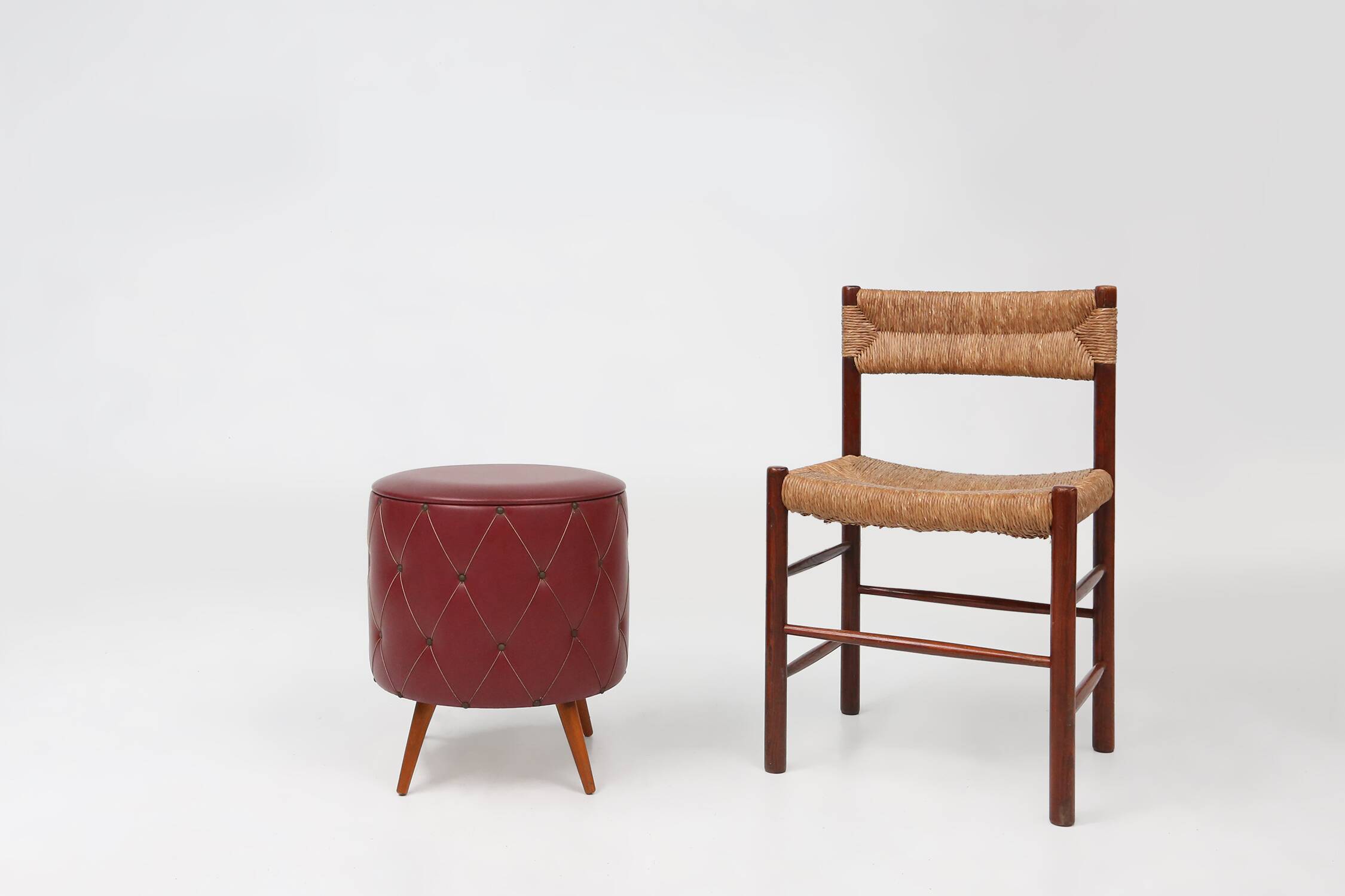 Vintage pouf with storage in dark red faux leather, France ca. 1950