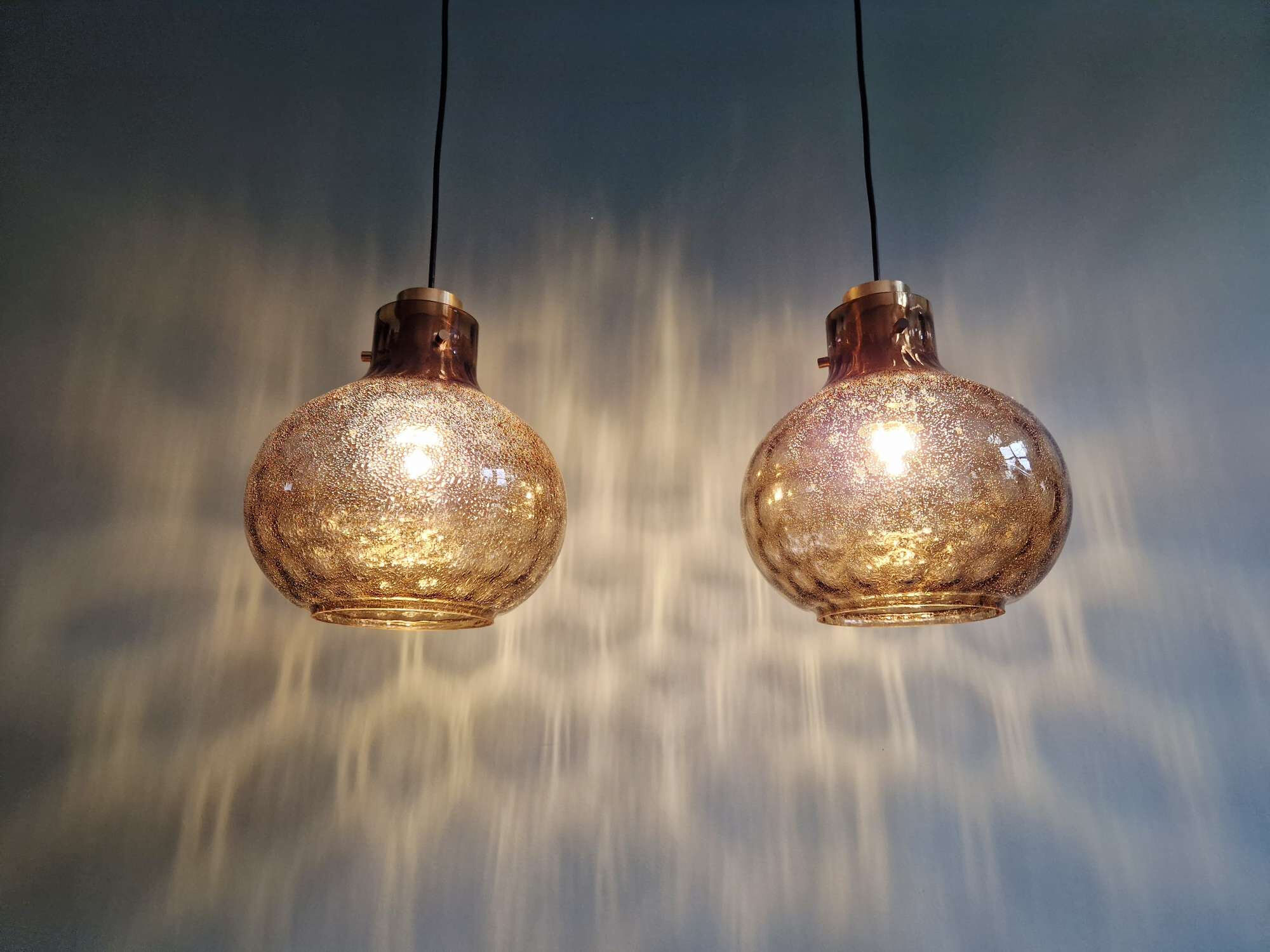 Pair of honeycomb smoked glass pendants, Glasshütte Limburg, 1970