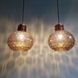 Pair of honeycomb smoked glass pendants, Glasshütte Limburg, 1970