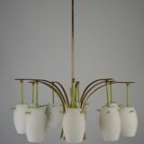 Midcentury 9-Arm Brass Chandelier with  Lacquer & Opaline Glass. Italy 1950