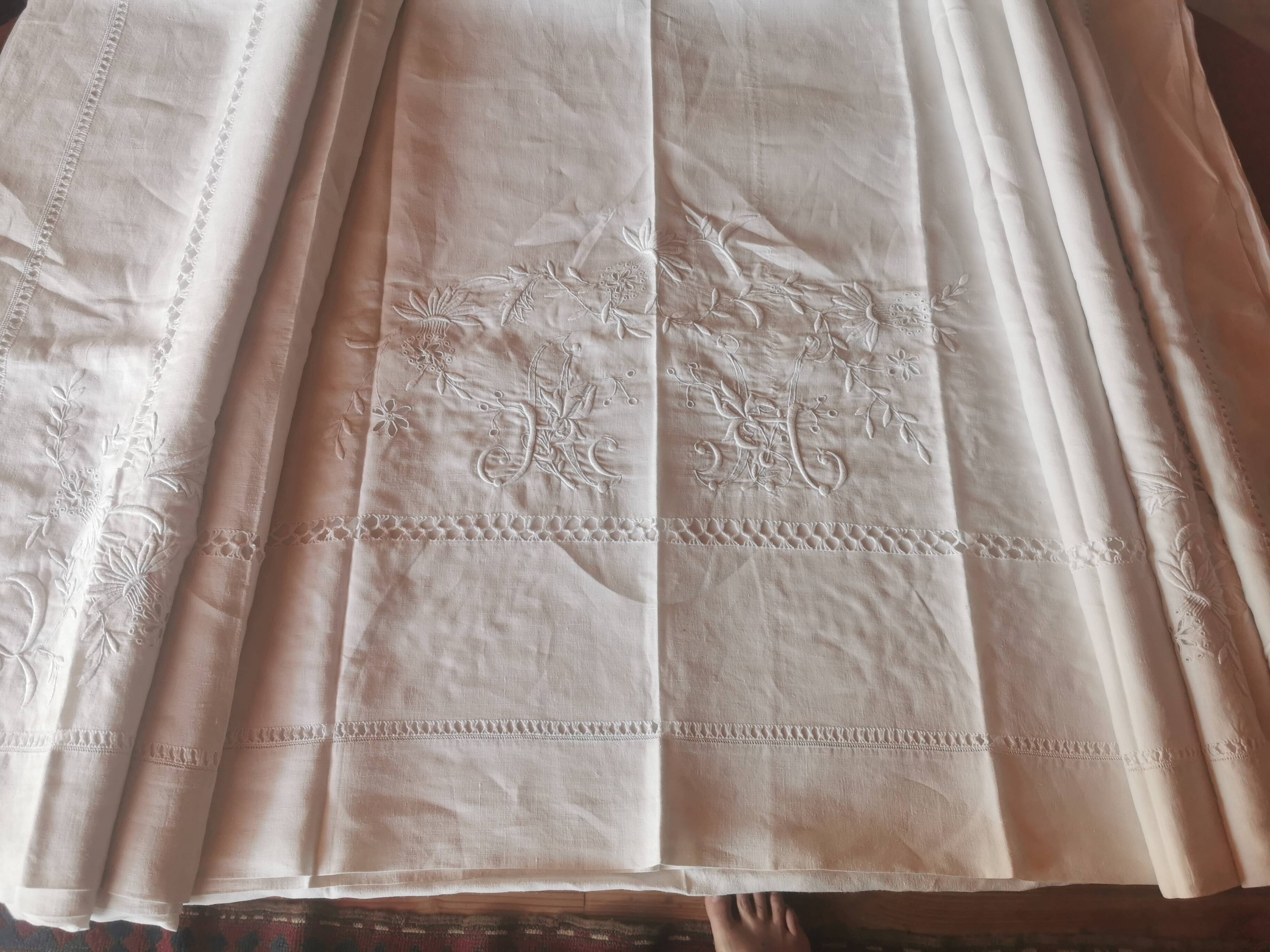 Large antique linen sheet monogrammed AH