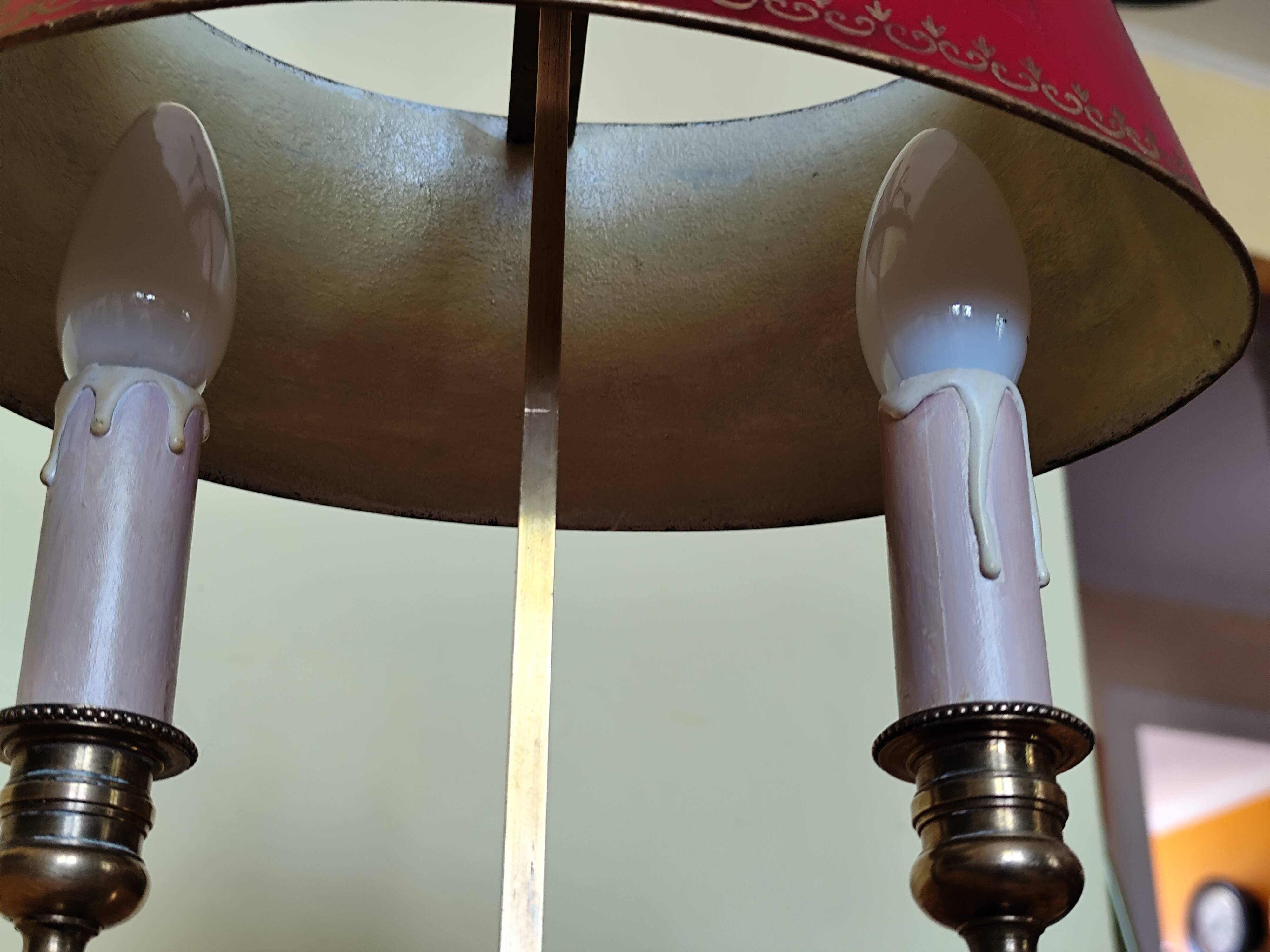 bronze and brass 2-bulb bouillotte lamp, red desk lamp