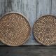pair of old wicker trays, straw bourgne and bramble, woven bowl