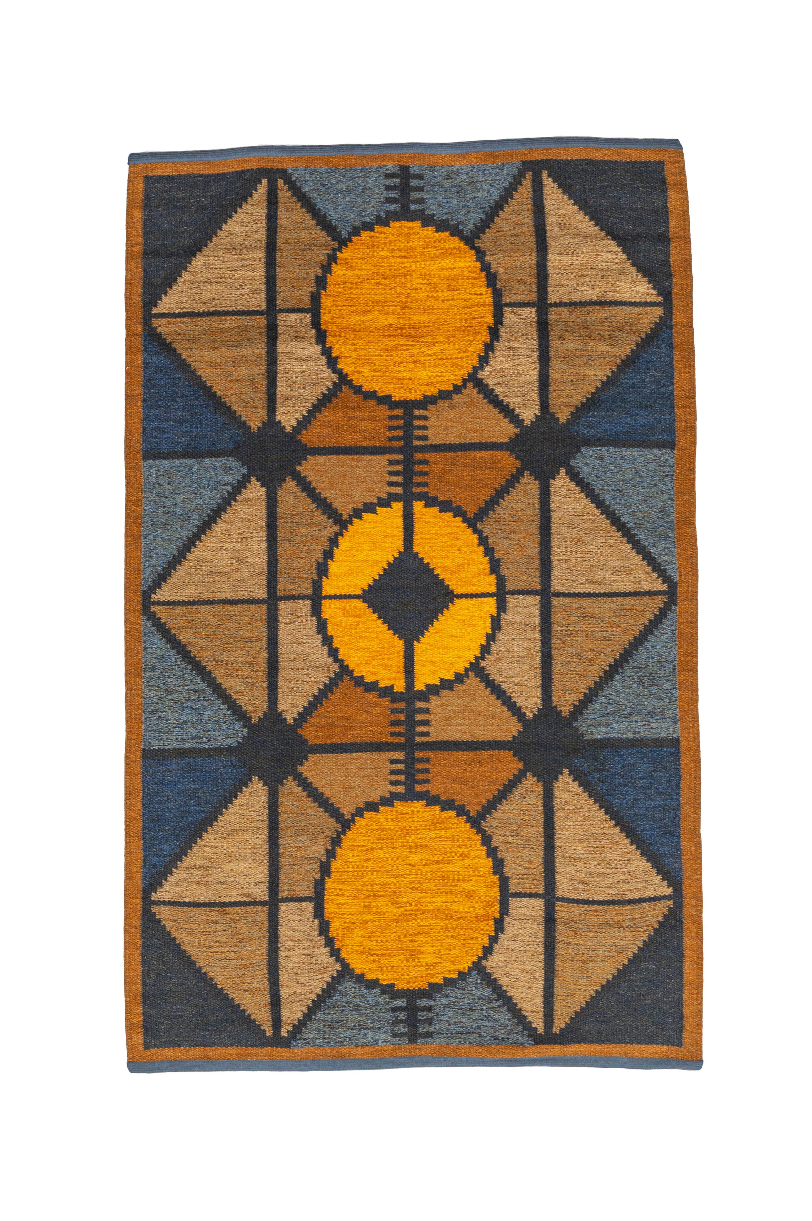 Scandinavian 20th century modern flat weave rug by Britta Swefors. 212 X 13