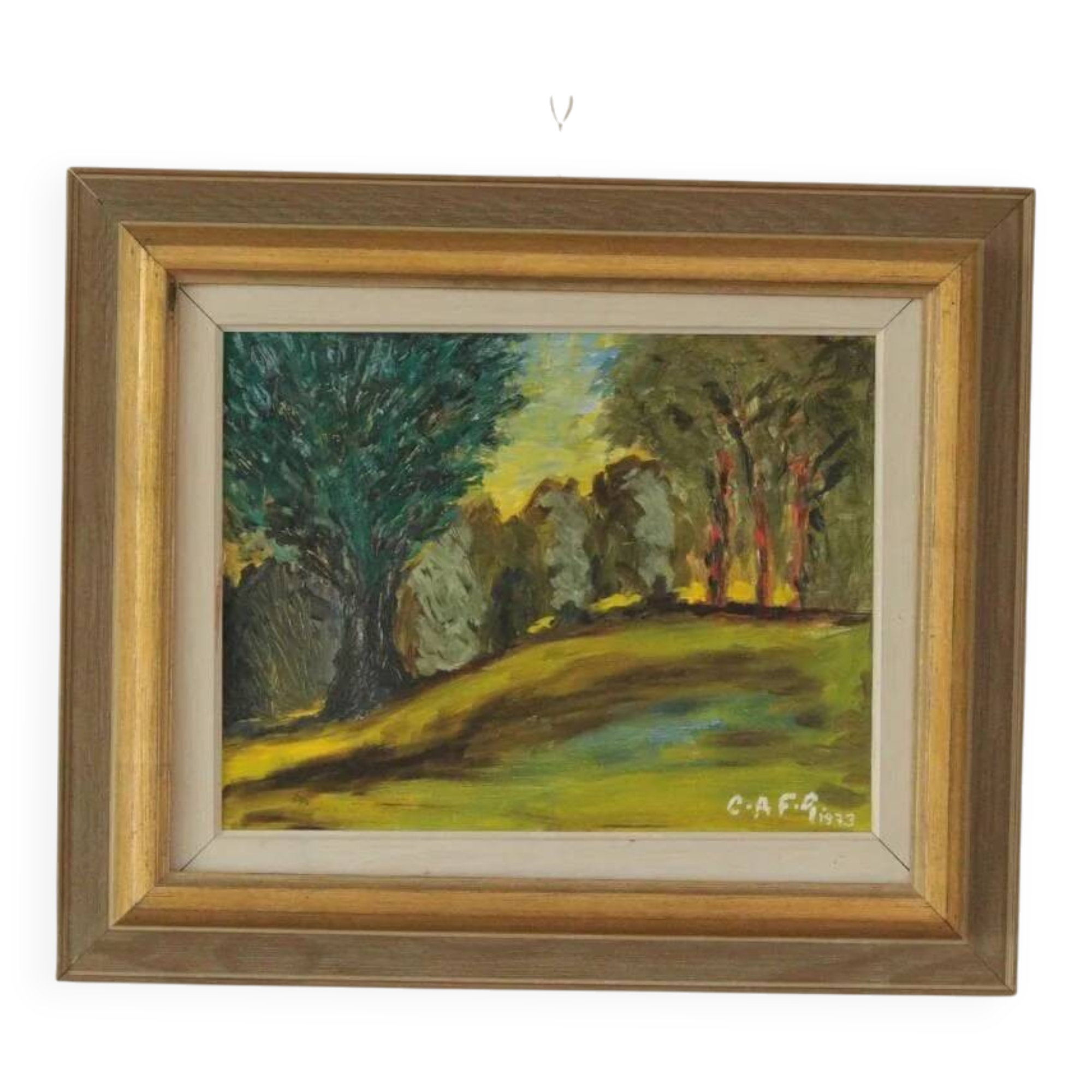 Huile sur panneau suédoise, "Lever de soleil dans un paysage de parc" par Gustaf Forsberg