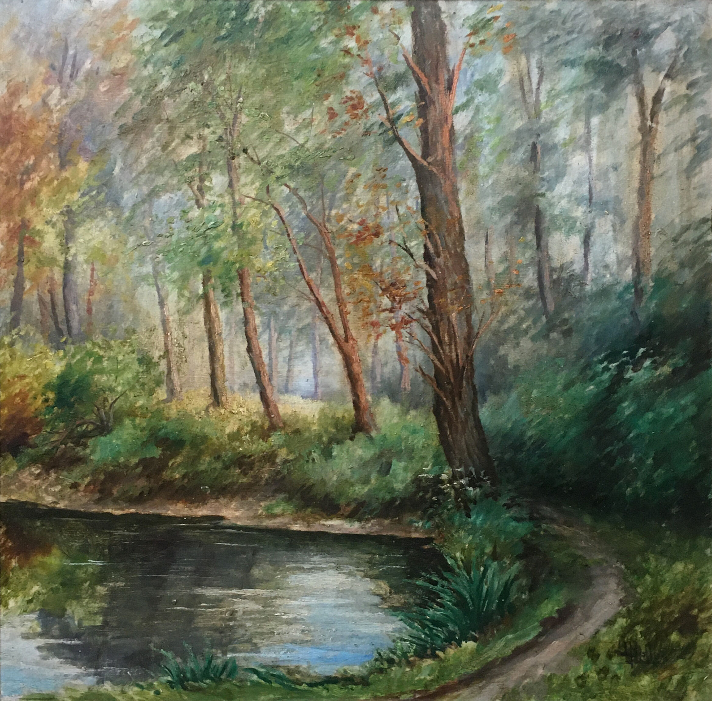 Painting "Pond in the undergrowth" HSP signed, early twentieth century with frame