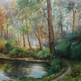 Painting "Pond in the undergrowth" HSP signed, early twentieth century with frame