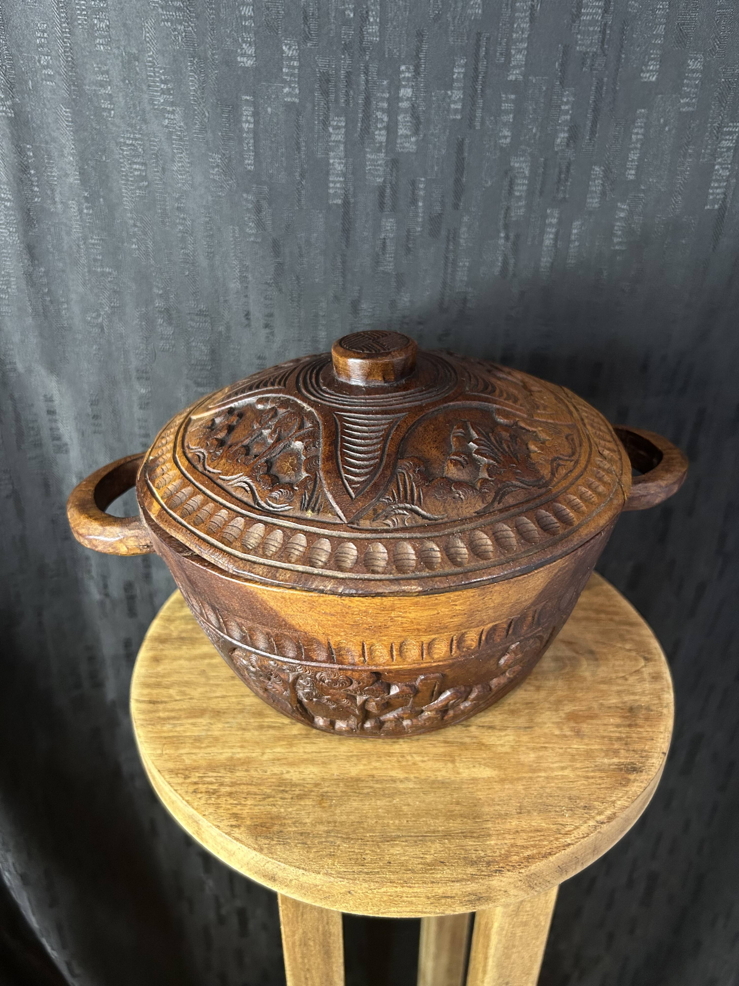 African Art - Madagascar - Vintage - Covered Pot - Carved Rosewood - 1950