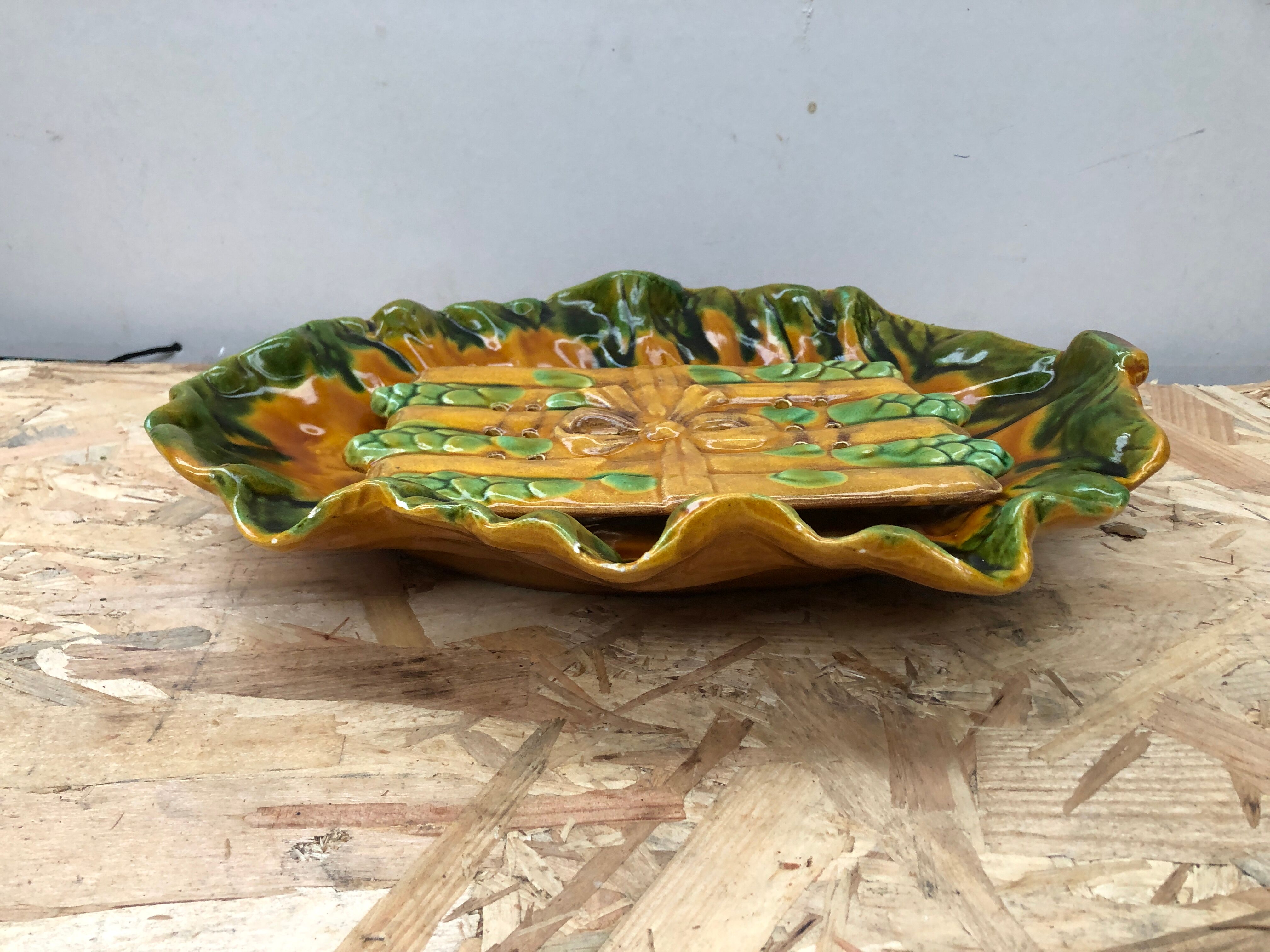 Old asparagus dish vallauris d.m. ceramic green & yellow vintage